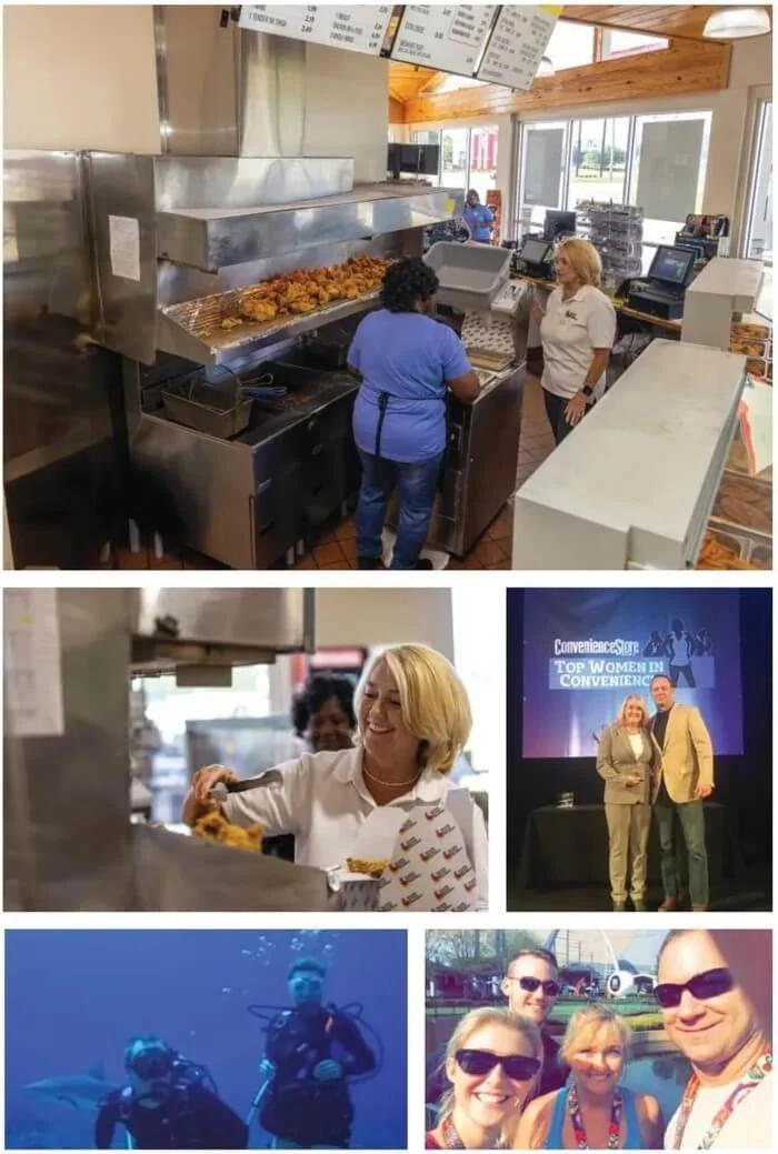 Julie Montague at a Creole Fried Chicken counter, at the Top Women in Convenience awards, and scuba diving with her husband Tracy